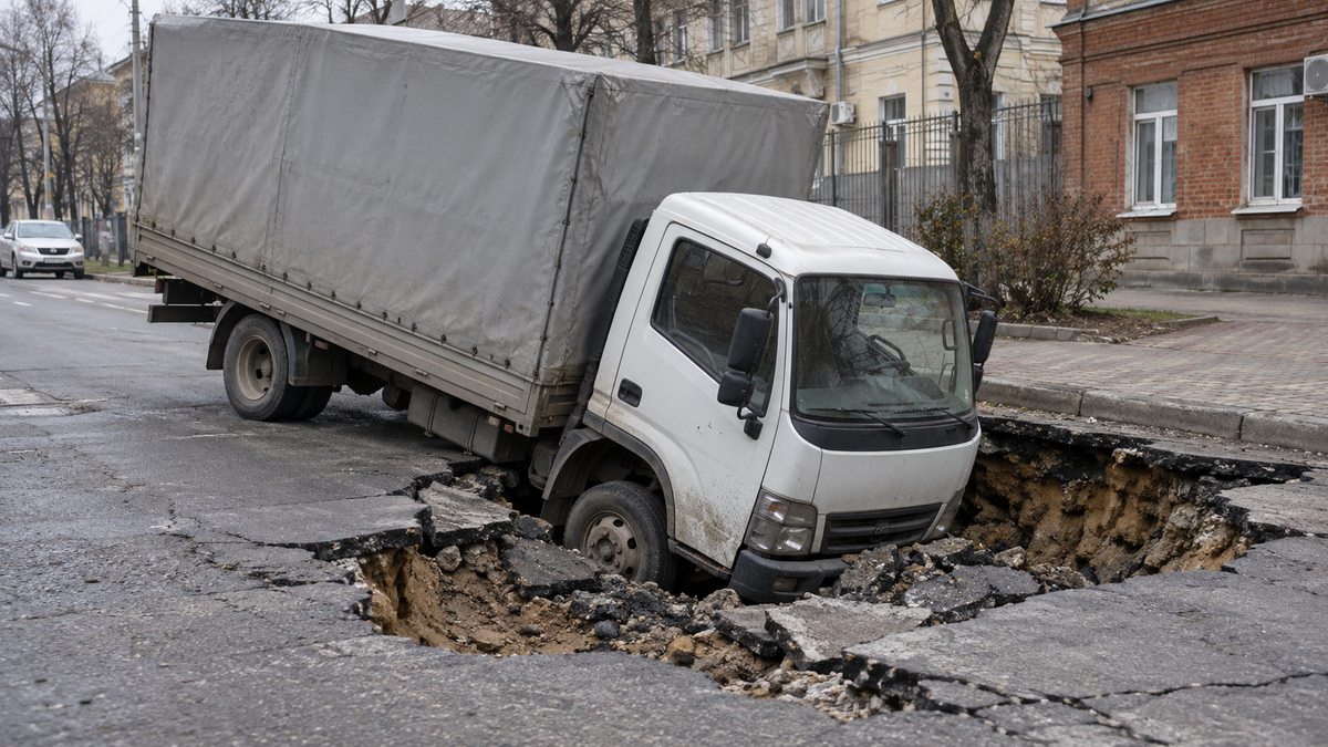 На одной из улиц Ростова провалилась дорога, а вместе с ней и грузовик